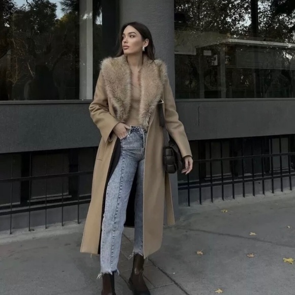 Zara coat wool blend 75% long camel belted rope trench fur collar Manteco - Picture 4 of 15
